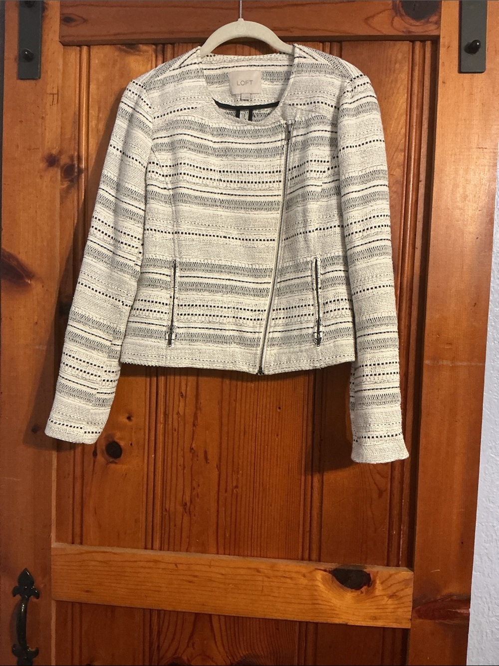 LOFT Cream and Black Striped Knit Zip-Front Cardigan Jacket